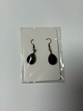 Black Teardrop Dangle Earrings with Antiqued Metal
